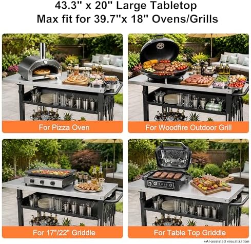 Outdoor Grill Cart for Blackstone/Ooni/Ninja, 43.3"x20" Stainless Steel Outdoor Grill Table with Propane Tank Mount & Wheels, Movable Outdoor Cooking Table with Storage for Pizza Oven, Patio, Camping