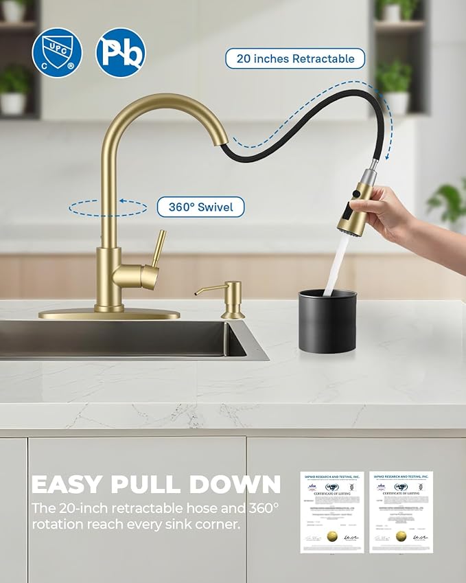 WEWE Kitchen Faucet with Soap Dispenser and Pull Down Sprayer, RV Single Handle Classic 3 Modes Stainless Steel Faucet for Kitchen Sink, RV, Gold