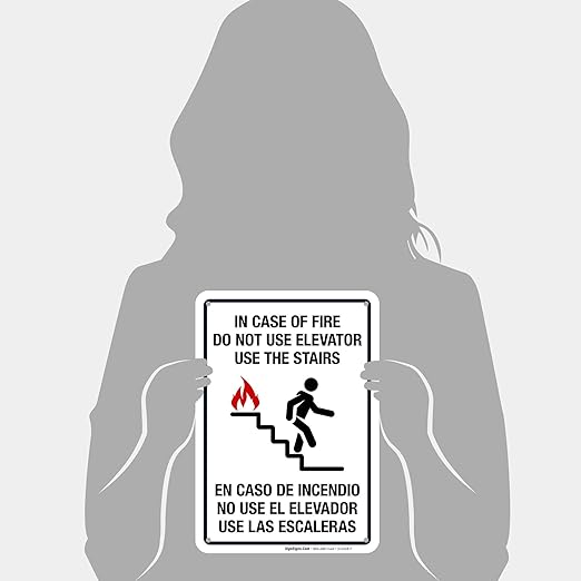 In Case Of Fire Do Not Use Elevator Use The Stairs Bilingual Sign, Fire Safety Sign, 10x7 Inches, Rust Free .040 Aluminum, Fade Resistant, Indoor/Outdoor Use, Made in USA