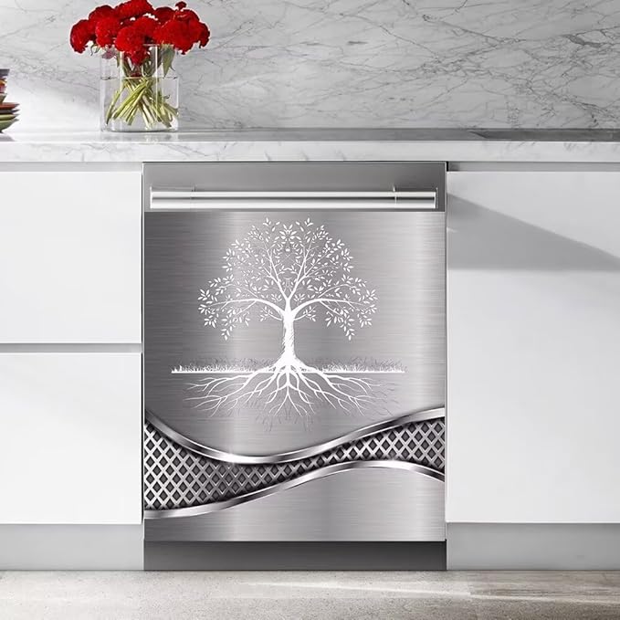 Stainless Steel Design Tree Pattern Dishwasher Magnetic Cover Sticker Refrigerator Door Panel Fridge Appliance Magnet Decal Sheet Kitchen Decor 23x17 inch