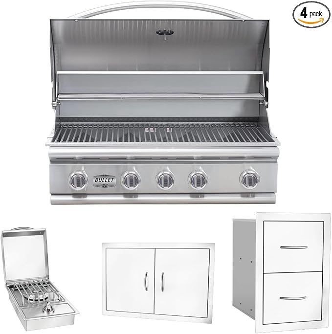 Bullet by Bull Stainless Steel Outdoor Kitchen Grill Set - Built-In Liquid Propane Grill -BBQ Kitchen Island Bundle - Includes 5 Burner Grill, Side Burner, Double Access Door & Double Storage Drawer