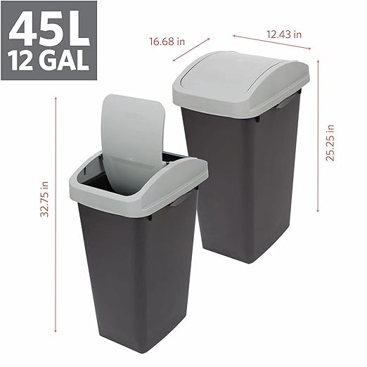 Recycling Bin System, 3-Pack 12 Gallon Containers with Swing Top Lids, Black and White, Odor Protection, Trash Sorting Station with Labels