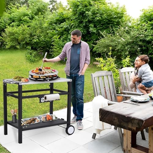 Dining Cart Table with Double-Shelf, Movable Stainless Steel Flattop Worktable, Hooks, Side Handle, Multifunctional for Bar, Patio, Camping, Home