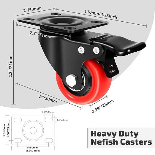Nefish 2 Inch Casters (8 Pack), Heavy Duty Top Plate Caster Wheels with Brake, 360 Degree Durable Locking Furniture Swivel Castors, No Noise Polyurethane Wheels for Cabinet, Furniture