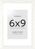 Homeforia 6x9 Picture Frame White, High End Oak 9x6 Wooden Frames with Mat 6x4 Print, 6 x 9 White Wood Frame Matted to 4 x 6 inch Photo, 6by9 Wall or Tabletop Frame, Tempered Glass, Wall Kit, Set of 1