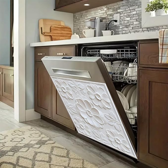 2D Flat White Floral Embossed Dishwasher Magnetic Cover 23 x 26 Inch Elegant 3DFlower Panel Magnet for Modern Kitchen Appliance Decor