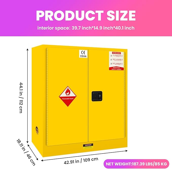 45 Gallon Flammable Storage Cabinet, 44x18x43in Galvanized Steel Safety Storage Cabinet, Adjustable Shelf Fireproof Cabinets, Flammable Liquid Storages Cabinets for Commercial Industrial and Home Use