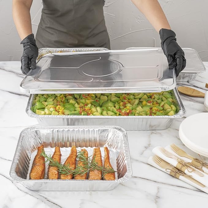 Restaurantware Aluminum Pan Cover 25 Count 21.06 x 13.5 Inch Oven Friendly Disposable Pan Lid Full Size Foil Lid Temperature-Sealing Silver For Catering And Food Storage