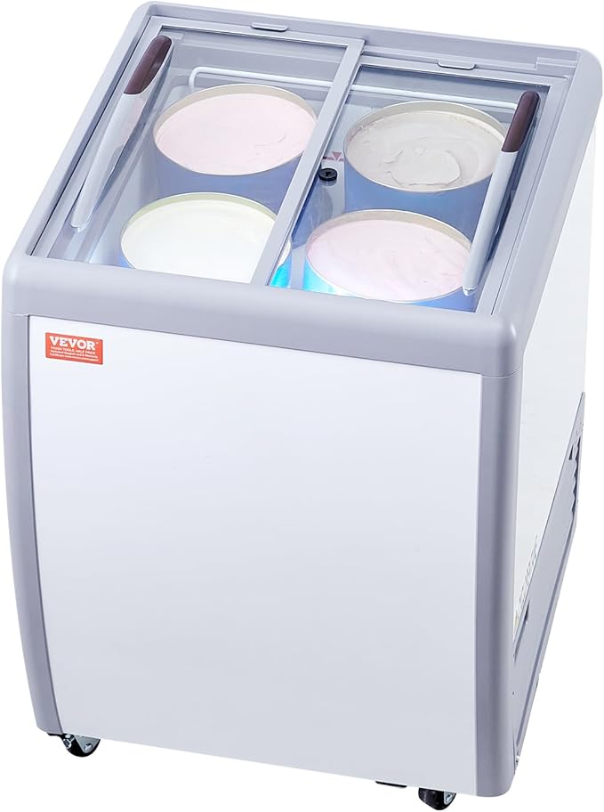 VEVOR Commercial Ice Cream Display Case, 5.6 Cu.ft Chest Freezer, Mobile Glass Top Deep Freezer, Restaurant Gelato Dipping Cabinet, 2 Sliding Glass Doors, Locking Casters, White
