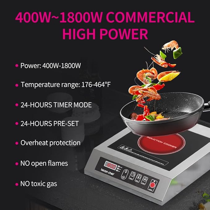Leconchef Induction Cooktop Induction Cooker Stainless Steel Commercial Grade Countertop Induction Cooker Portable Electric Burner 10 Power&Temperature Settings,24 Hours Timer&Preset for