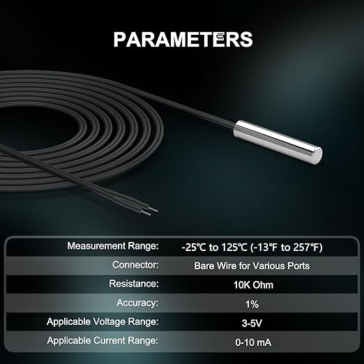 DROK 10K Temperature Sensor Probe 10pcs, 1 Meter Waterproof Stainless Steel NTC Temperature Probe for Various Water Dispensers, Air Conditioners, Refrigerators, Freezers, Water Heaters, Dishwashers