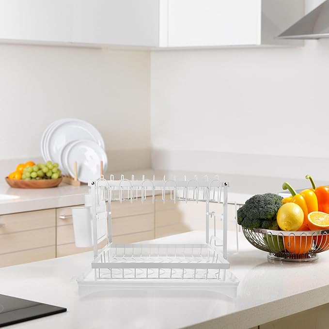 Bowl Draining Rack and Kitchen Dish Draining Stand, White Multifunctional Countertop Drying Rack with Cutting Board Holder and Utensil Cup, Dishwasher Safe for Home Kitchen