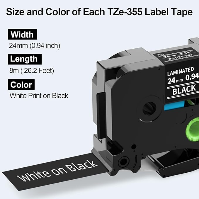 Labelife 24mm Black Label Tape TZe-355 Replacement for Brother P Touch TZe TZ Tape 24mm 0.94 Laminated White on Black TZe355 for Brother Ptouch PT-D600 PT-D610BT PT-P710BT Label Maker, 4-Pack