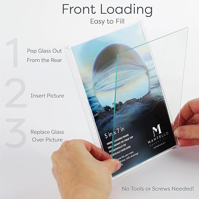 Mantello 5x7 Inch Front Loading Picture Frames - Clear - Art Wall Hanging Table Desk - Family Gallery Multi Photo Frame - 12 Pack