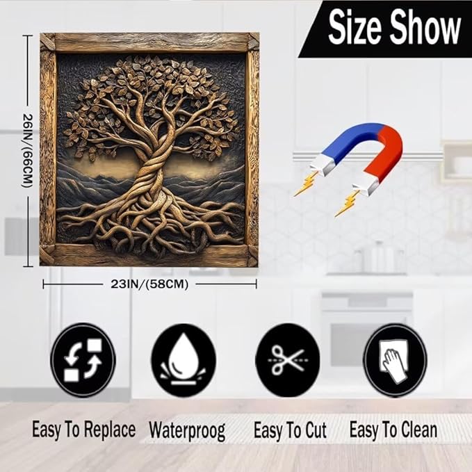 Vintage Wooden Tree of Life Magnetic Dishwasher Cover Vinyl Sticker, Farm Tree Dishwasher Magnet Cover,Rustic Fridge Barn Wood Door Cover Magnets Art Skin Panel Decal for Home Decor, 23"X26"