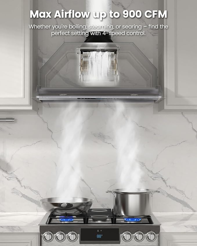 JOCO 36 Inch Range Hood Insert, 900 CFM Stainless Steel Built-In Kitchen Vent Hood, Convertible for Ducted or Ductless Installation, 4-Speed Gesture/Touch/Remote Control, Model B02-36G