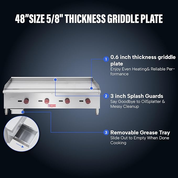 WESTLAKE 60"W Commercial Gas Griddle Countertop Natural Gas and Propane Griddle with 5 Burners 150000 BTU, Stainless Steel Plate Grill for Restaurants