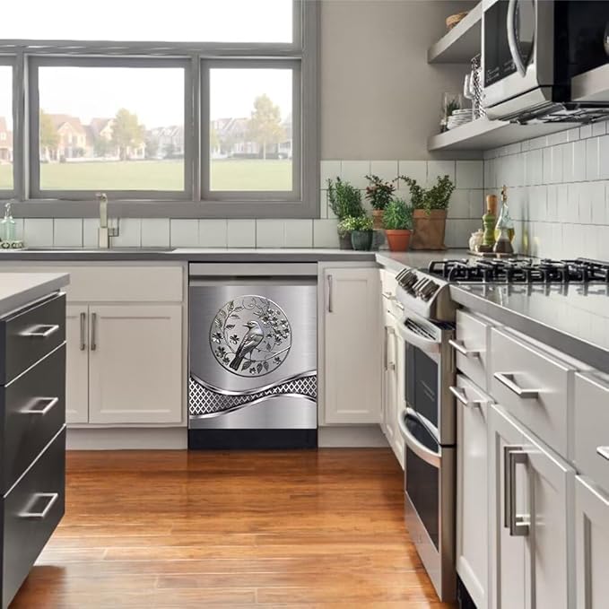 Stainless Steel Design Bird Wallpaper Dishwasher Magnet Cover Sticker,Refrigerator Magnet Cover Decal Fridge Microwave Stickers Kitchen Decor,23 x 17 Inch