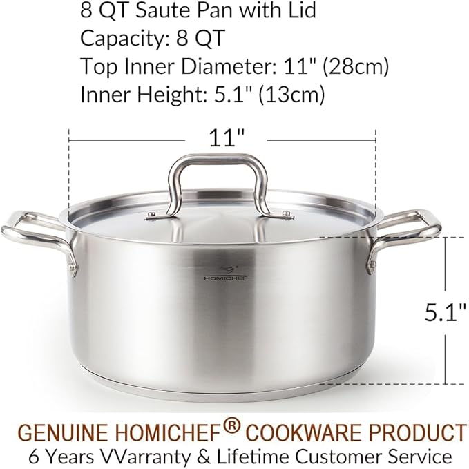 HOMICHEF Braiser Pan 8 Quart with Lid Nickel Free Stainless Steel - Matte Polished Braiser with Stainless Steel Lid - Heavy Weight Braising Pan Non Toxic Induction