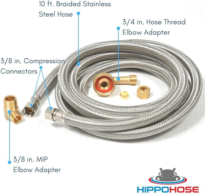 Dishwasher Water Hose Kit (10 FT) - Universal Fit to All Dishwasher Brands - Braided SS Dishwasher Water Supply Line - 3/8" Comp x 3/8" Elbow & All Fittings Included