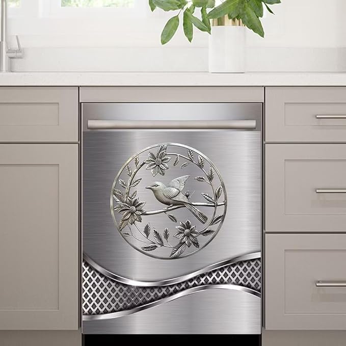 Stainless Steel Design Bird Wallpaper Dishwasher Magnet Panel Magnetic Refrigerator Cover, 23W x 17H inchs