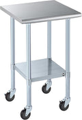 ROCKPOINT Stainless Steel Table for Prep & Work with Caster Wheels 24x24 Inches, NSF Metal Commercial Kitchen Heavy Duty Table with Adjustable Under Shelf and Table Foot for Restaurant, Home and Hotel