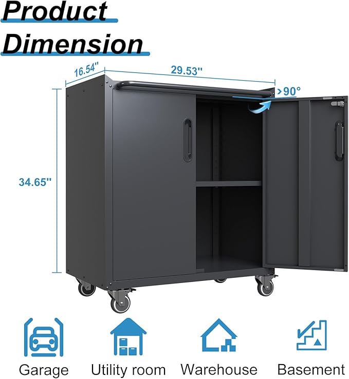 Black Metal Storage Cabinet for Garage with Wheels Rolling Tool Cabinets with Adjustale Shelves Heavy Duty Rolling Tool Cart with Lock for Warehouse Garage Basement Kitchen, Assembly Required