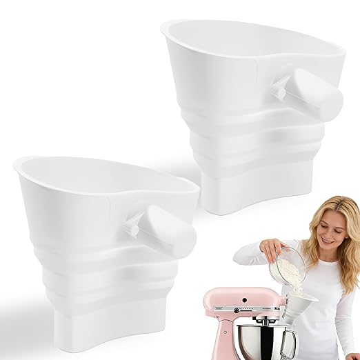 Flour Funnel for Kitchen Aid Stand Mixer 2 Pack, Silicone Stand Mixer Attachment, Spill Proof Ingredient Chute for Kitchen Aid Artisan, Foldable, BPA-Free
