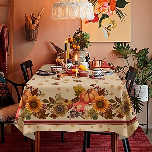 Fall Thanksgiving Double Border Decoration Tablecloth,Sunflower & Pumpkin Harvest Tablecloths, Waterproof Table Cover for Dinner Kitchen Party Holiday Decorations, 60"x 102" Oblong/Rectangle