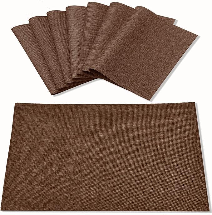 Cloth Placemats Set of 8, Linen Type Fabric Placemats Machine Washable Heat Resistant Placemats Wrinkle Free Thick Polyester Kitchen Place Mats for Dining Table (Dark Brown)