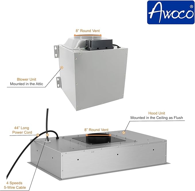 Awoco 30”W Flush Ceiling Mount Split Insert Range Hood, Stainless Steel 4 Speeds 1000 CFM, 8” Round Top Vent LED Lights Remote Control (30"W 19"D 8" Vent)