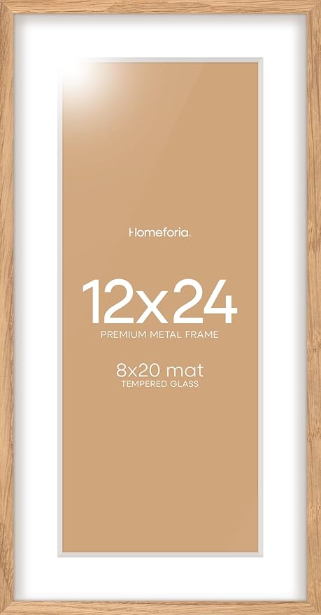 Homeforia 12x24 Wood Frame, High End Natural Oak 12x24 Light Wooden Picture Frame with Mat 8x20, 12 x 24 Poster Frames Matted to 8 by 20 Photo, 24x12 Hanging Frames, Tempered Glass, Wall Kit, Set of 1
