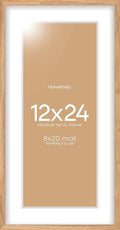 Homeforia 12x24 Wood Frame, High End Natural Oak 12x24 Light Wooden Picture Frame with Mat 8x20, 12 x 24 Poster Frames Matted to 8 by 20 Photo, 24x12 Hanging Frames, Tempered Glass, Wall Kit, Set of 1