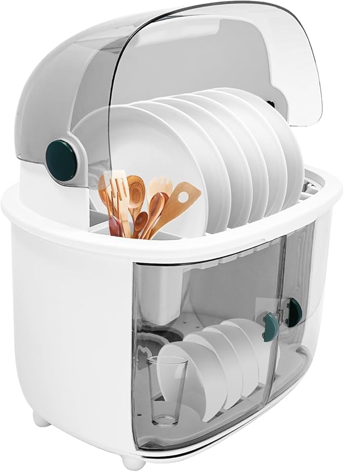 2 Tier Plastic Drying Rack for Kitchen, Dish Drying Rack, 2-Tier Kitchen Dishes Drying Rack with Draine,Lid and Utensil Holder, Storage Holder for Dishes, Bowls, Cutlery