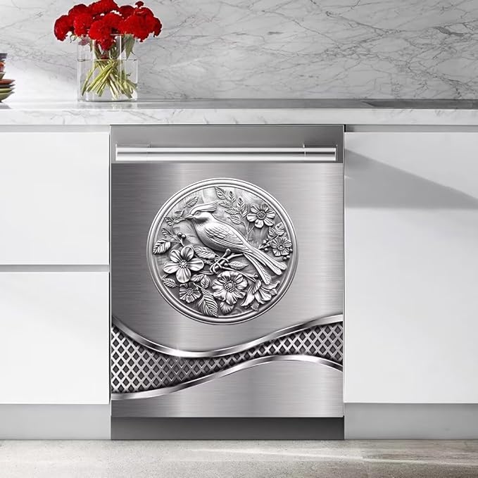 Stainless Steel Design Bird Painting Dishwasher Magnet Cover Sticker,Refrigerator Magnet Cover Decal Fridge Microwave Stickers Kitchen Decor,23 x 17 Inch