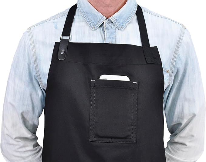 Apron with Pockets, Mens Womens Chef Bib Apron for Kitchen Cooking Grill BBQ Baking Server with Towel Loop