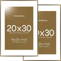 Homeforia 20x30 Picture Frame Bronze, High End Metal 20 x 30 Large Poster Frames with Mat 16 by 24 for Photo, 20x30 Brass Frame Matted to 16x24, 30x20 Hanging Frame, Tempered Glass, Wall Kit, Set of 2