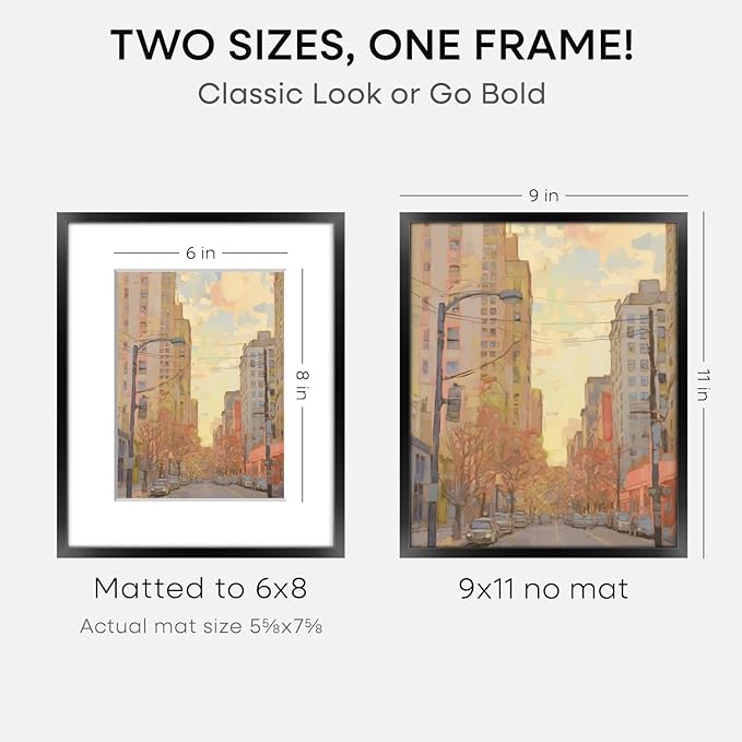 Homeforia 9x11 Picture Frame Black, High End Metal 9 x 11 Poster Frames with Mat 6 by 8 inch Photo, 9by11 Frame Matted to 6x8 in Print, 11x9 Wall or Tabletop Frames, Tempered Glass, Wall Kit, Set of 3