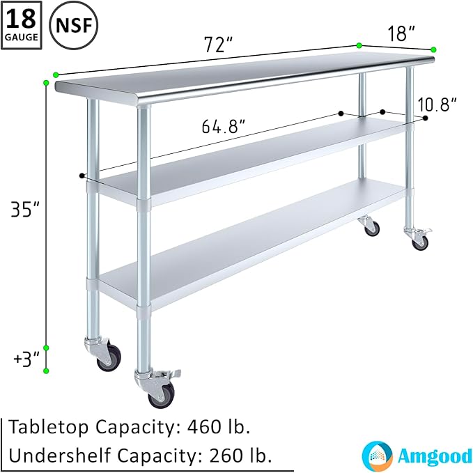 AmGood Stainless Steel Work Table with 2 Shelves and Casters | Metal Utility Table On Wheels (Stainless Steel Work Table with 2 Shelves + Casters, 72" Long x 18" Deep)