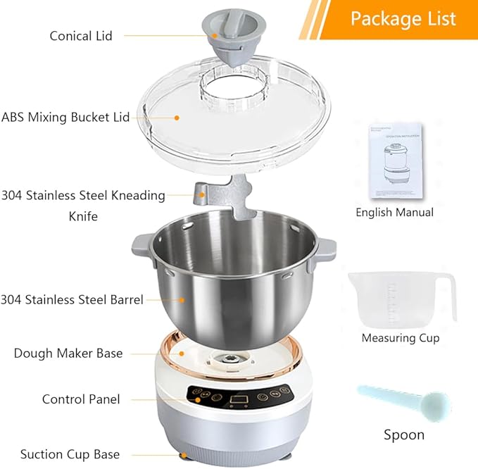 Electric Dough Maker Machine with Fermentation Function, 7L Large Capacity Household Dough Mixer, 304 Stainless Steel, Microcomputer Timing, Front Touch Panel, Gray,7L