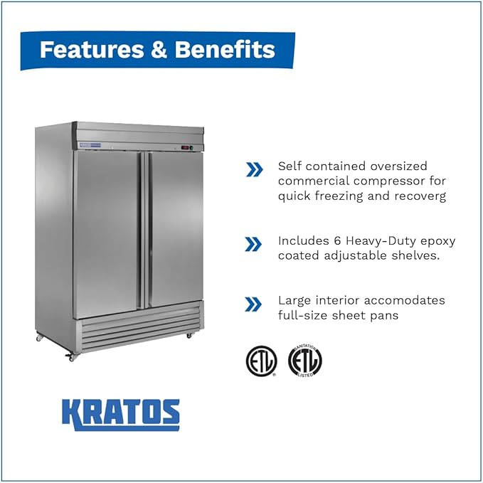 Kratos Commercial Freezer- 2- Solid Door Reach-In, Stainless Steel Exterior, 54" W (67K-005)
