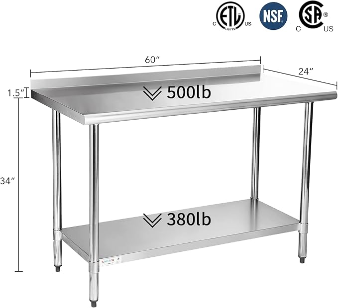 STABLEINK NSF Stainless Steel Prep and Work Table 24 x 60 Inches 5ft Heavy Duty Metal Table with Backsplash and Undershelf for Commercial Kitchen, Restaurant,Home, Laundry Room