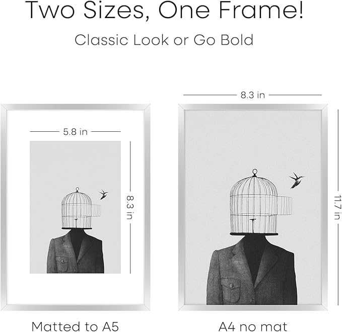 Homeforia A4 Picture Frame Silver, High End Metal 8.3 x 11.7 inch Silver Poster Frames with Mat 5.8 by 8.3 Art, A4 Frame Matted to A5 Photo, 8.3x11.7 Wall or Tabletop Frames, Tempered Glass, Set of 1