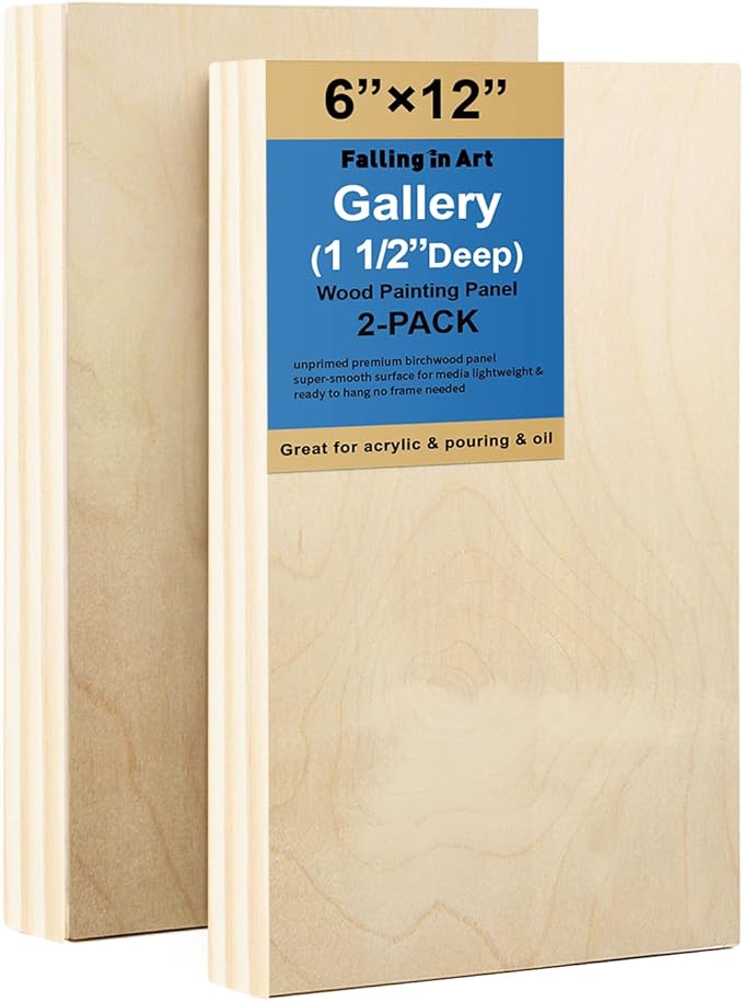 Falling in Art 2 Pack Unfinished Wooden Canvas Panels, 6x12 Gallery Birch Wood Panels Kit, 1 1/2" Deep Art Cradle Boards for Acrylic Painting, Pouring and Burning