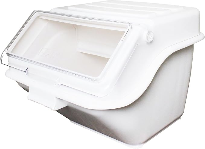 TrueCraftware- 10 Gallon (150 Cups) Shelf Ingredient Bin White with Clear Flip Top Lid & Measuring Scoop- Stackable Plastic Kitchen Pantry Storage Bin for Dry Food Flour Sugar Kitchen Restaurant