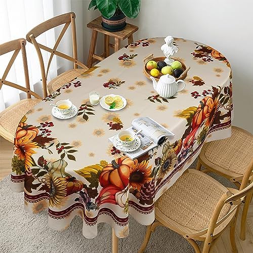 Fall Thanksgiving Double Border Decoration Tablecloth, Sunflower & Pumpkin Harvest Tablecloths Waterproof Table Cover for Dinner Kitchen Party Holiday Decorations, Oval 60 x 120