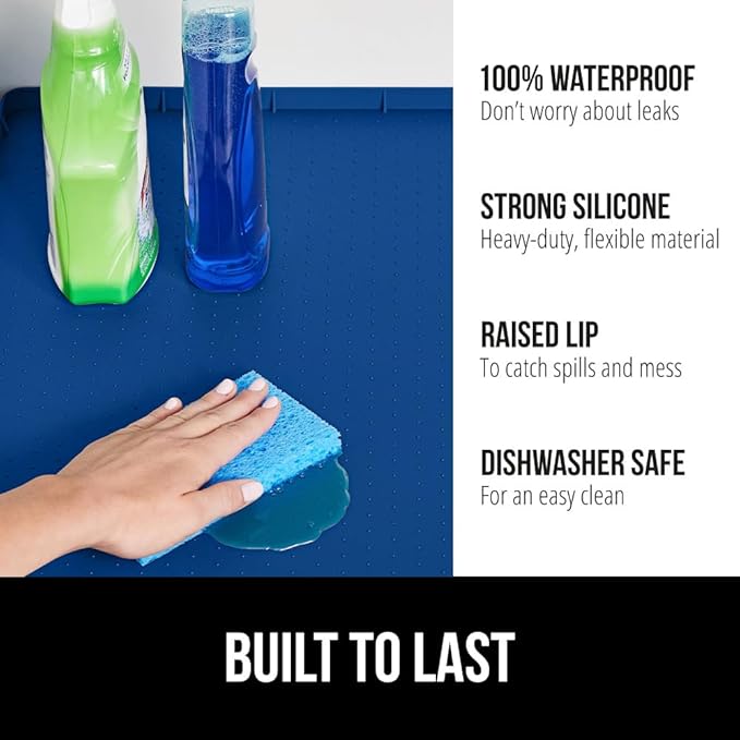 GORILLA GRIP Waterproof Silicone Under Sink Mat with Raised Lip for Kitchen and Bathroom, Cabinet Shelf Liner Stay in Place Mats Dishwasher Safe Drawer Liner, Organizer Tray, 19 x 34 in, Blue