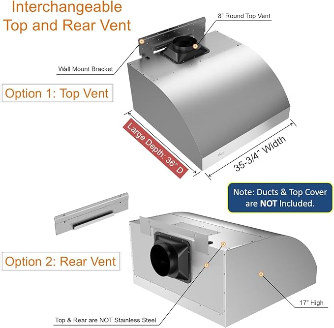 Awoco 36” Outdoor BBQ Vent Hood 17” High Type 304 Stainless Steel, 4 Speeds 1000 CFM, Adjustable LED Lights, 8” Round Top Vent