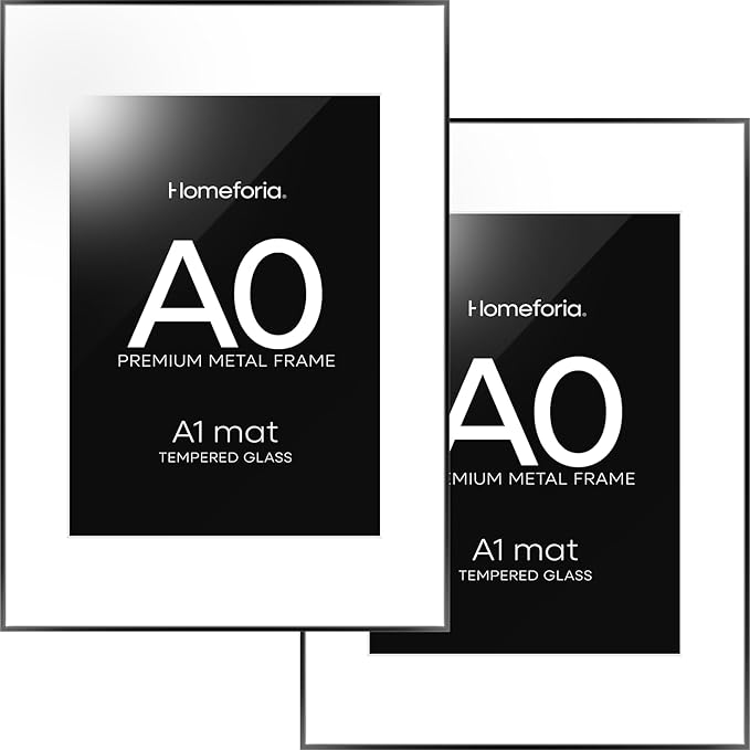 Homeforia A0 Poster Frame Black, High End Metal 33.1 x 46.8 inch Large Picture Frames with Mat 23.4 by 33.1 for Photo, A0 Size Frames Matted to A1 Print, 33.1x46.8 Thin Frame, Tempered Glass, Set of 2