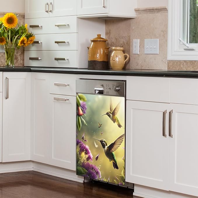 Hummingbird Flower Dishwasher Magnet Cover, Reusable Refrigerator Panel Stickers Microwave Front Door Covers Magnets for Kitchen Home Appliances Holiday Party Decorations 23 X 26 in